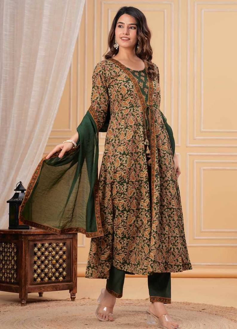 green printed anarkali kurta set with a matching dupatta and pants.