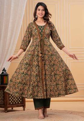 green printed anarkali kurta set with a matching dupatta and pants. 5