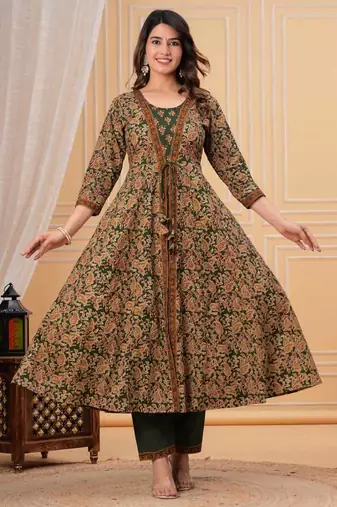 green printed anarkali kurta set with a matching dupatta and pants.