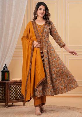 mustard yellow paisley printed anarkali kurta set with trousers and a dupatta 3