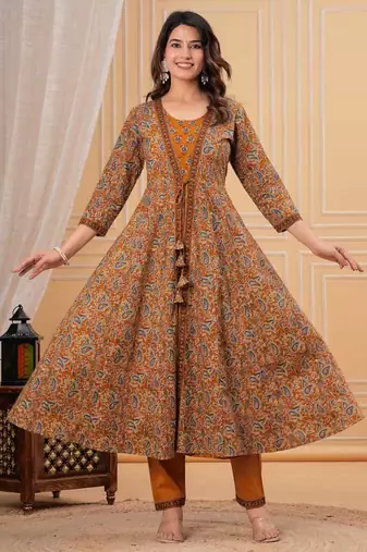 mustard yellow paisley printed anarkali kurta set with trousers and a dupatta