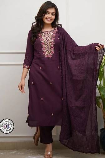 purple embroidered salwar kameez set with a dupatta.