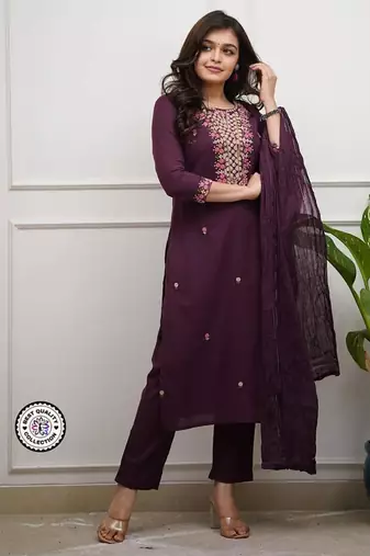 purple embroidered salwar kameez set with a dupatta