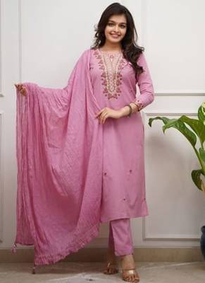 pink embroidered kurti pant dupatta set 1