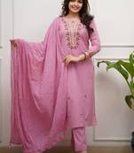 pink embroidered kurti pant dupatta set.