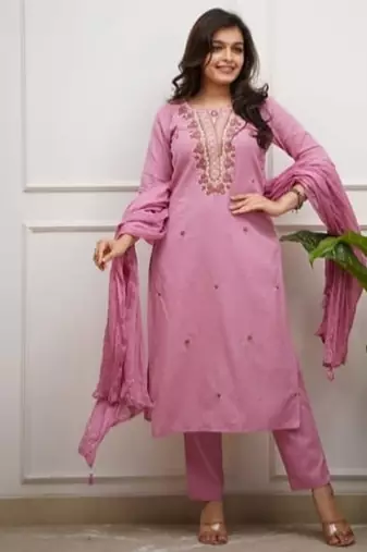 pink embroidered kurti pant dupatta set