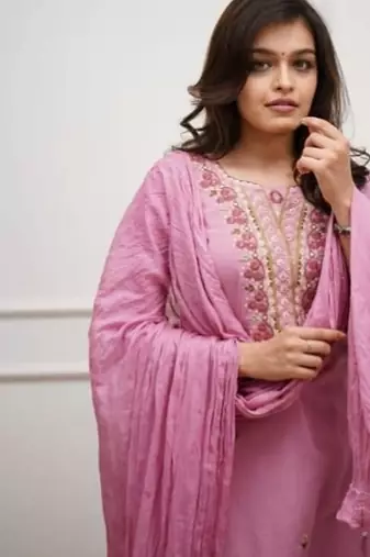 pink embroidered kurti pant dupatta set