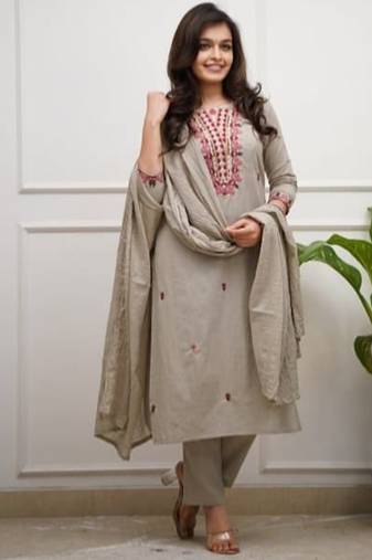 beige embroidered kurti pant dupatta set.