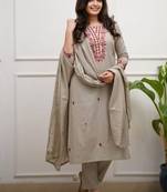 beige embroidered kurti pant dupatta set.