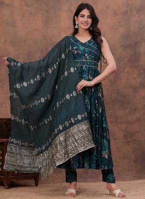 teal green embroidered kurti of premium modaal chanderi kurti pant dupatta set 1