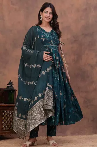 teal green embroidered kurti of premium modaal chanderi kurti pant dupatta set