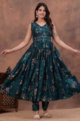 teal green embroidered kurti of premium modaal chanderi kurti pant dupatta set