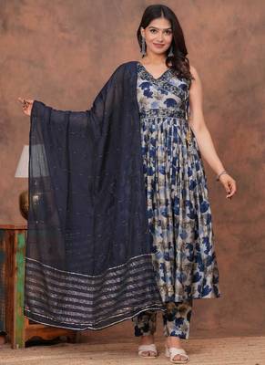 Beautiful jaipuri blue floral printed anarkali suit set with a navy blue dupatta and trousers 1