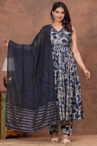 Beautiful jaipuri blue floral printed anarkali suit set with a navy blue dupatta and trousers.