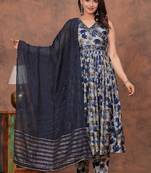 Beautiful jaipuri blue floral printed anarkali suit set with a navy blue dupatta and trousers.
