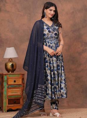 Beautiful jaipuri blue floral printed anarkali suit set with a navy blue dupatta and trousers 2