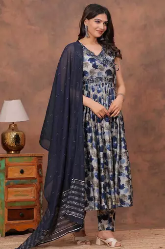 Beautiful jaipuri blue floral printed anarkali suit set with a navy blue dupatta and trousers
