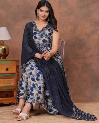 Beautiful jaipuri blue floral printed anarkali suit set with a navy blue dupatta and trousers 3