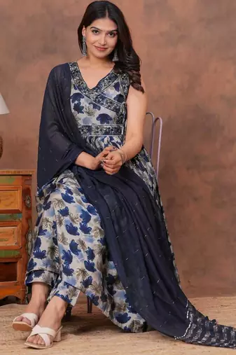 Beautiful jaipuri blue floral printed anarkali suit set with a navy blue dupatta and trousers