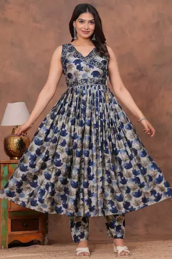 Beautiful jaipuri blue floral printed anarkali suit set with a navy blue dupatta and trousers