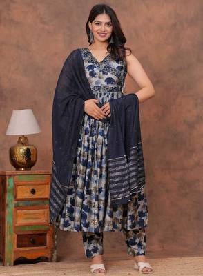 Beautiful jaipuri blue floral printed anarkali suit set with a navy blue dupatta and trousers 5