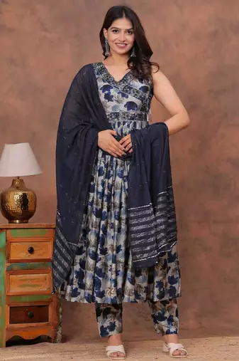 Beautiful jaipuri blue floral printed anarkali suit set with a navy blue dupatta and trousers