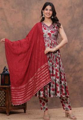 red floral print anarkali kurta pant set with a red dupatta 1