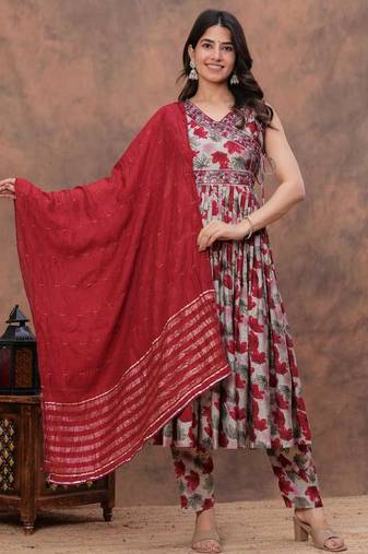 red floral print anarkali kurta pant set with a red dupatta
