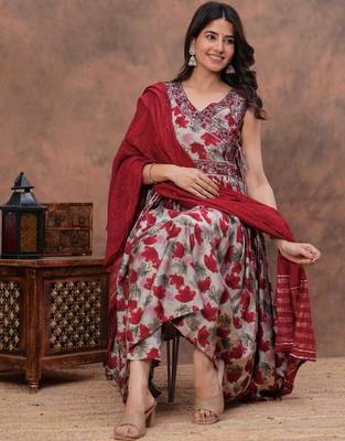 red floral print anarkali kurta pant set with a red dupatta 2