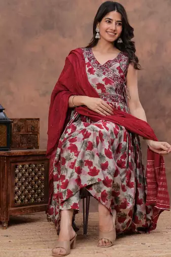red floral print anarkali kurta pant set with a red dupatta