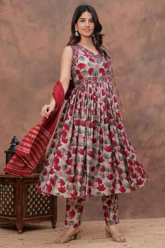 red floral print anarkali kurta pant set with a red dupatta