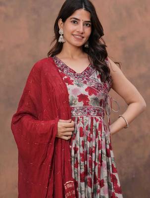 red floral print anarkali kurta pant set with a red dupatta 4