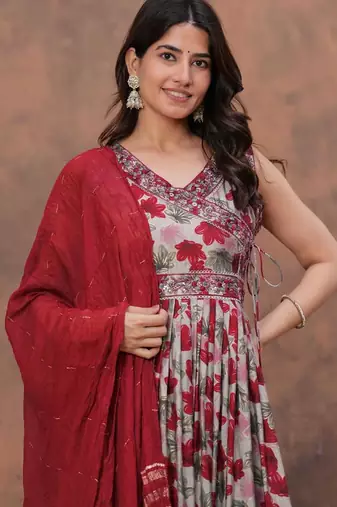red floral print anarkali kurta pant set with a red dupatta