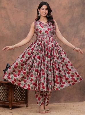 red floral print anarkali kurta pant set with a red dupatta 5