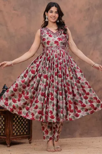 red floral print anarkali kurta pant set with a red dupatta