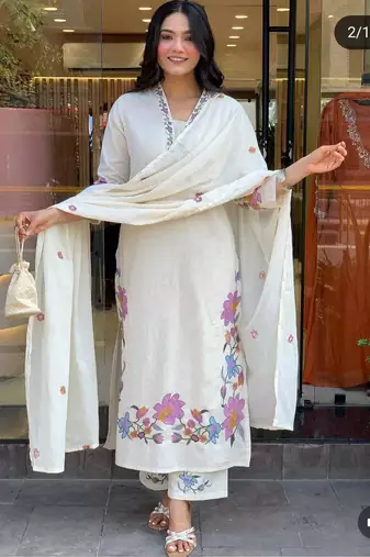 white linen floral embroidered kurta set