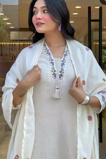 white linen floral embroidered kurta set