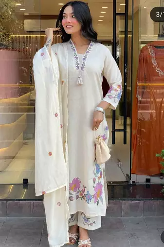white linen floral embroidered kurta set