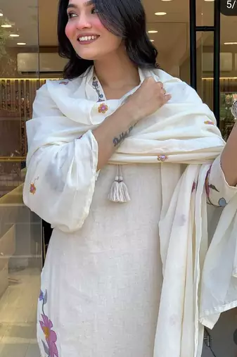 white linen floral embroidered kurta set