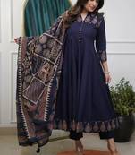 Beautiful jaipuri navy blue ethnic kurta set with a printed dupatta.