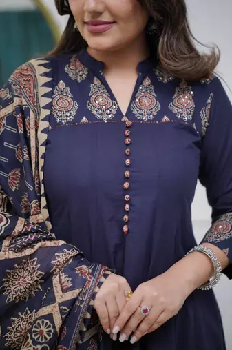 Navy blue ethnic kurta set with a printed dupatta