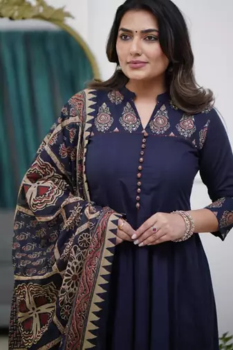 Navy blue ethnic kurta set with a printed dupatta