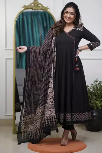  black anarkali kurta set with a printed dupatta