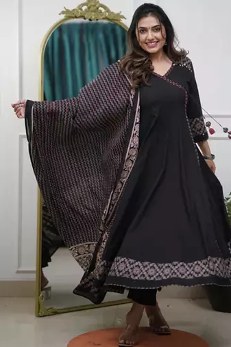  black anarkali kurta set with a printed dupatta