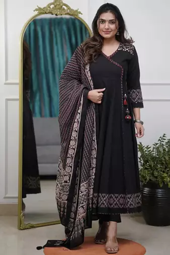  black anarkali kurta set with a printed dupatta