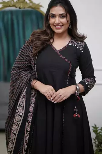  black anarkali kurta set with a printed dupatta