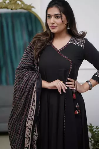  black anarkali kurta set with a printed dupatta