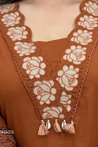 Beautiful jaipuri  rust orange anarkali kurta set with a printed dupatta