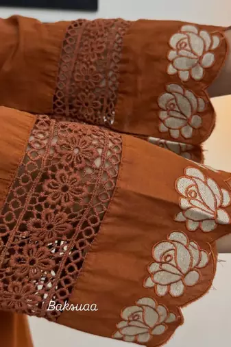 Beautiful jaipuri  rust orange anarkali kurta set with a printed dupatta