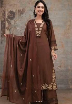 Beautiful jaipuri  choclate brown anarkali kurta set with a printed dupatta 1